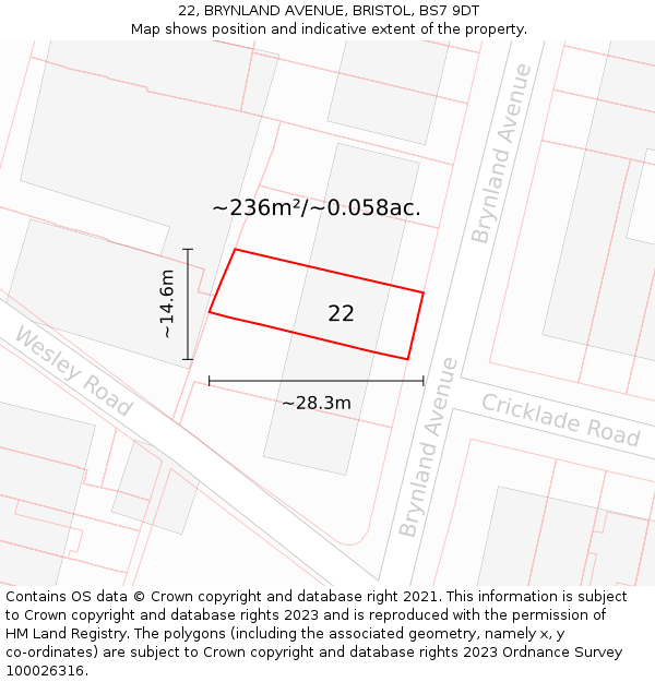 22, BRYNLAND AVENUE, BRISTOL, BS7 9DT: Plot and title map
