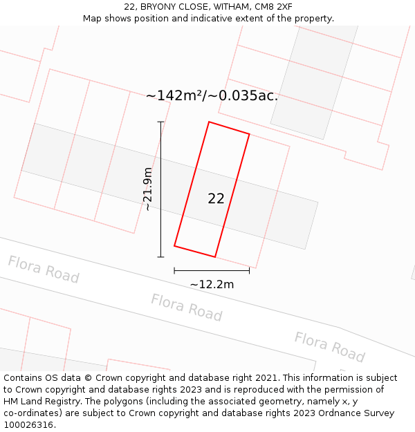 22, BRYONY CLOSE, WITHAM, CM8 2XF: Plot and title map