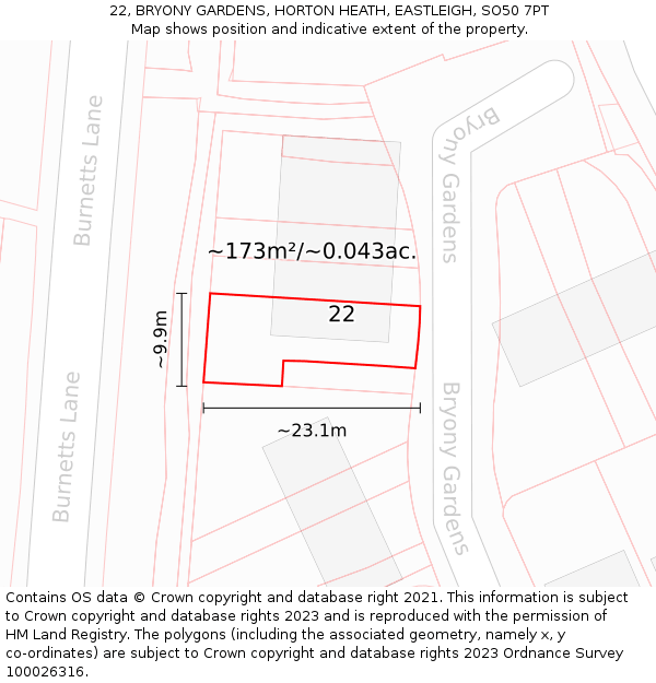 22, BRYONY GARDENS, HORTON HEATH, EASTLEIGH, SO50 7PT: Plot and title map
