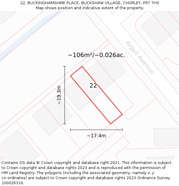 22, BUCKINGHAMSHIRE PLACE, BUCKSHAW VILLAGE, CHORLEY, PR7 7HS: Plot and title map
