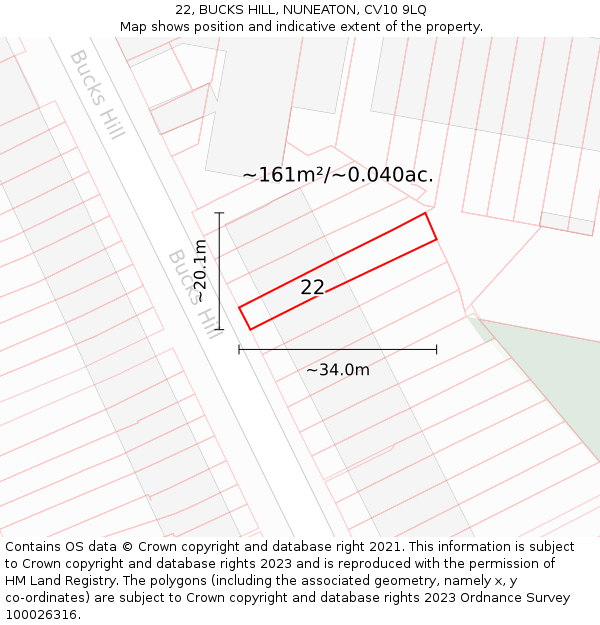 22, BUCKS HILL, NUNEATON, CV10 9LQ: Plot and title map