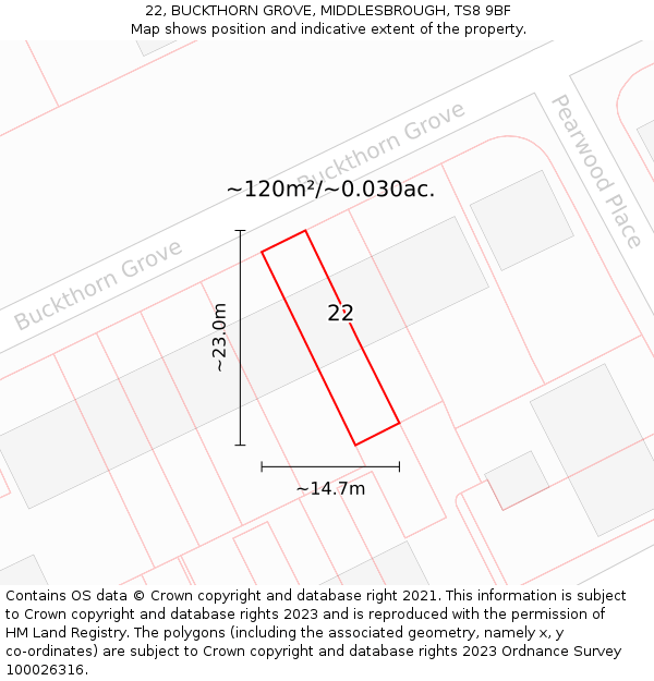 22, BUCKTHORN GROVE, MIDDLESBROUGH, TS8 9BF: Plot and title map