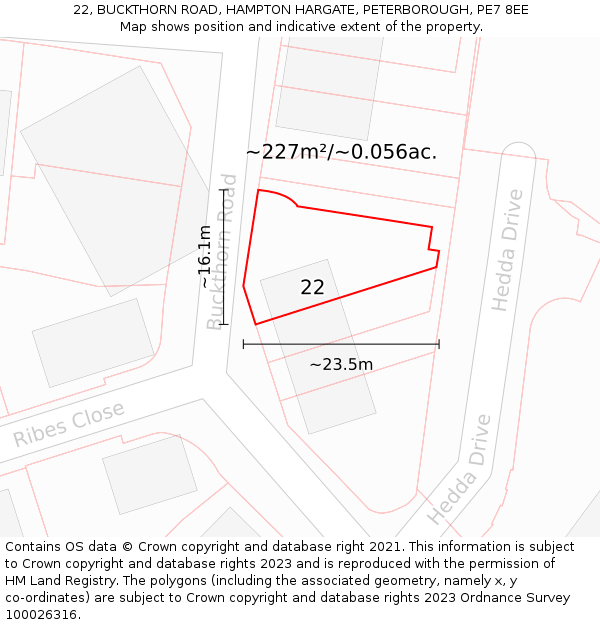 22, BUCKTHORN ROAD, HAMPTON HARGATE, PETERBOROUGH, PE7 8EE: Plot and title map