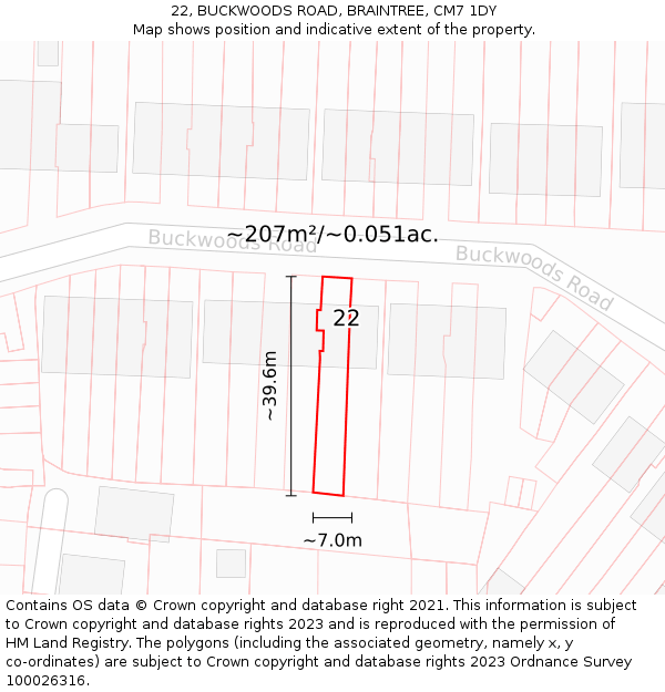 22, BUCKWOODS ROAD, BRAINTREE, CM7 1DY: Plot and title map