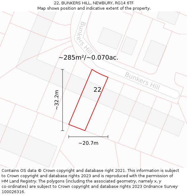 22, BUNKERS HILL, NEWBURY, RG14 6TF: Plot and title map