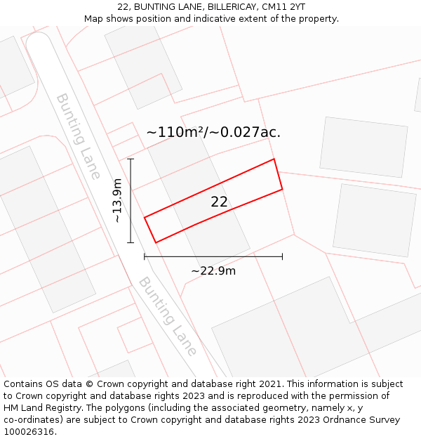 22, BUNTING LANE, BILLERICAY, CM11 2YT: Plot and title map