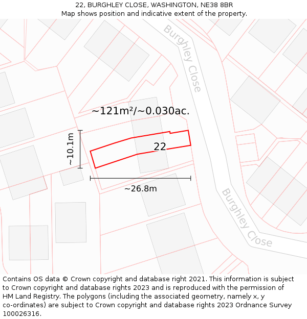 22, BURGHLEY CLOSE, WASHINGTON, NE38 8BR: Plot and title map