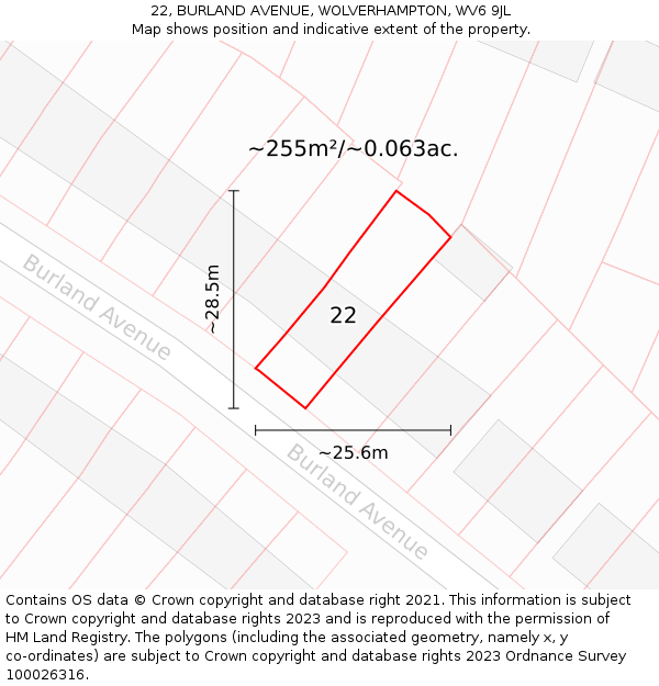 22, BURLAND AVENUE, WOLVERHAMPTON, WV6 9JL: Plot and title map