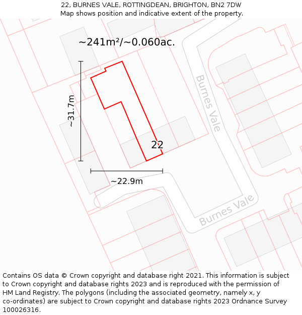 22, BURNES VALE, ROTTINGDEAN, BRIGHTON, BN2 7DW: Plot and title map