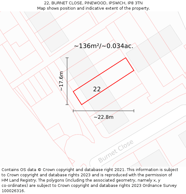 22, BURNET CLOSE, PINEWOOD, IPSWICH, IP8 3TN: Plot and title map
