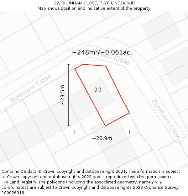 22, BURNHAM CLOSE, BLYTH, NE24 3UB: Plot and title map