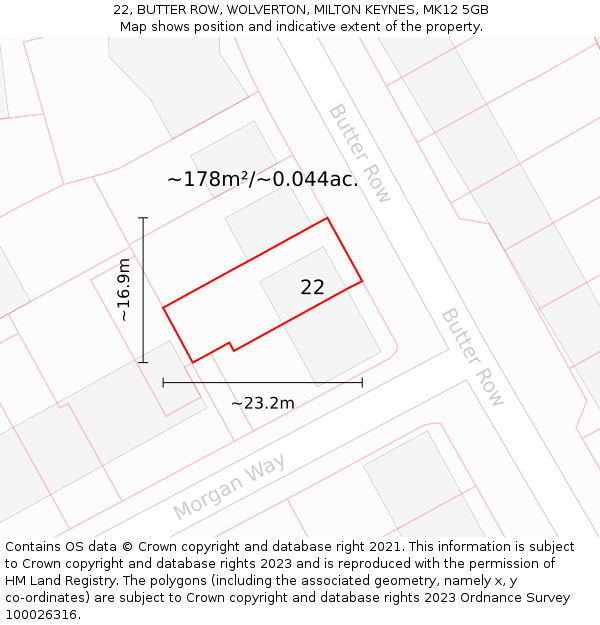 22, BUTTER ROW, WOLVERTON, MILTON KEYNES, MK12 5GB: Plot and title map