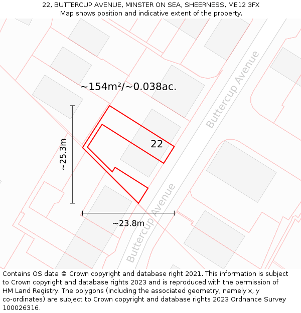22, BUTTERCUP AVENUE, MINSTER ON SEA, SHEERNESS, ME12 3FX: Plot and title map