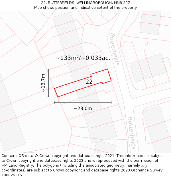 22, BUTTERFIELDS, WELLINGBOROUGH, NN8 2PZ: Plot and title map