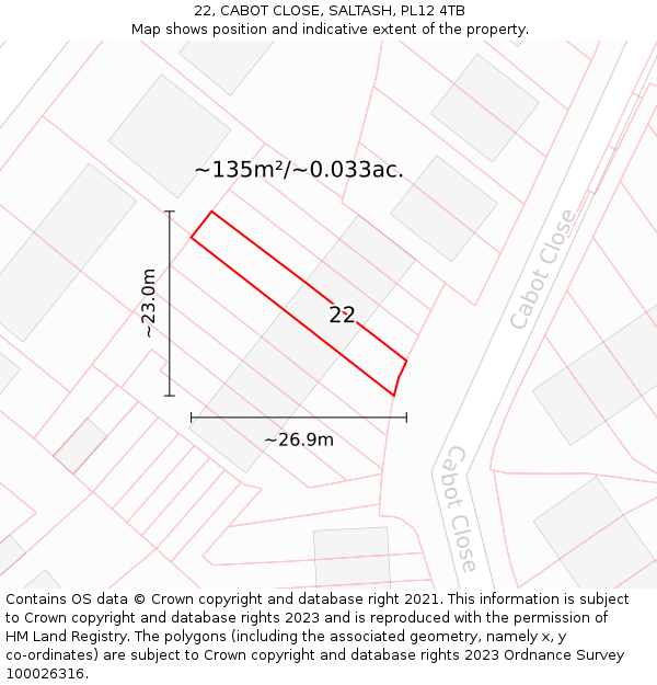 22, CABOT CLOSE, SALTASH, PL12 4TB: Plot and title map