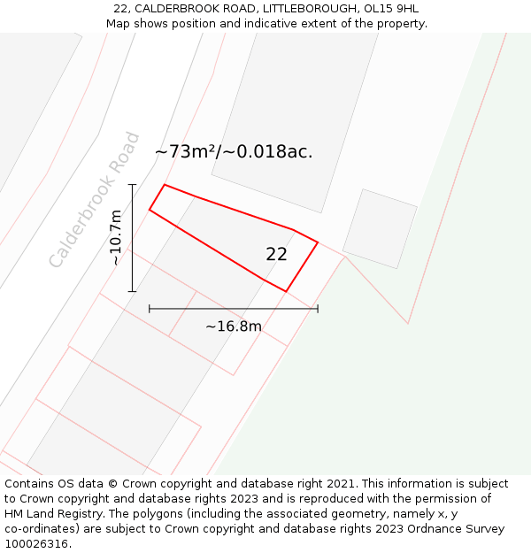 22, CALDERBROOK ROAD, LITTLEBOROUGH, OL15 9HL: Plot and title map