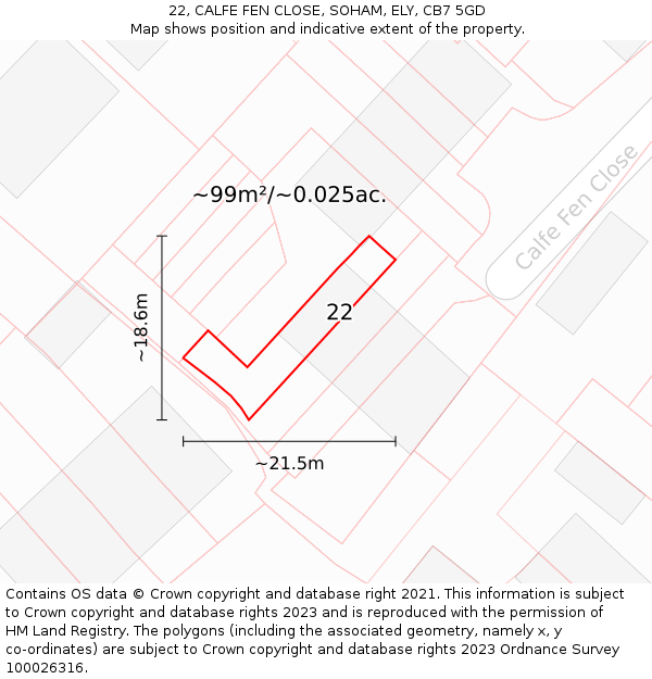 22, CALFE FEN CLOSE, SOHAM, ELY, CB7 5GD: Plot and title map