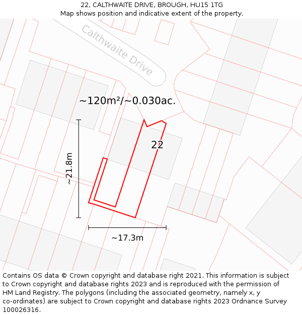 22, CALTHWAITE DRIVE, BROUGH, HU15 1TG: Plot and title map