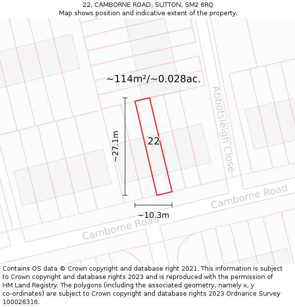 22, CAMBORNE ROAD, SUTTON, SM2 6RQ: Plot and title map