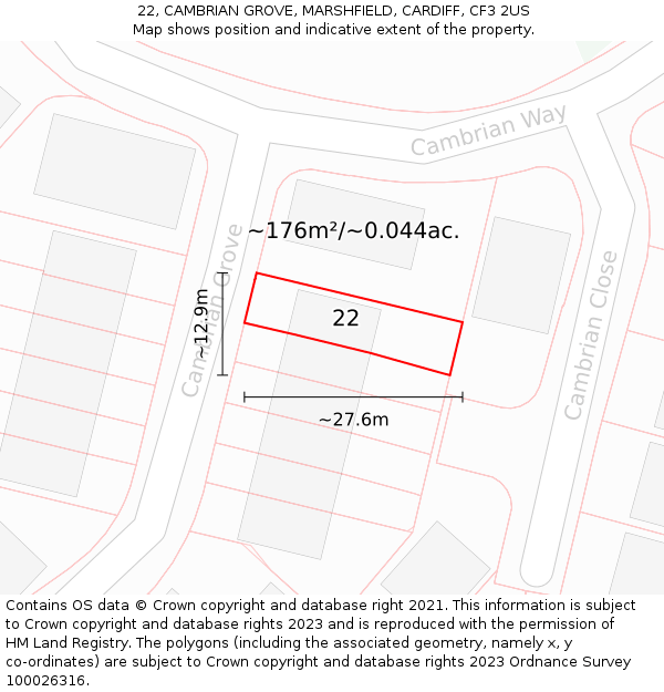 22, CAMBRIAN GROVE, MARSHFIELD, CARDIFF, CF3 2US: Plot and title map