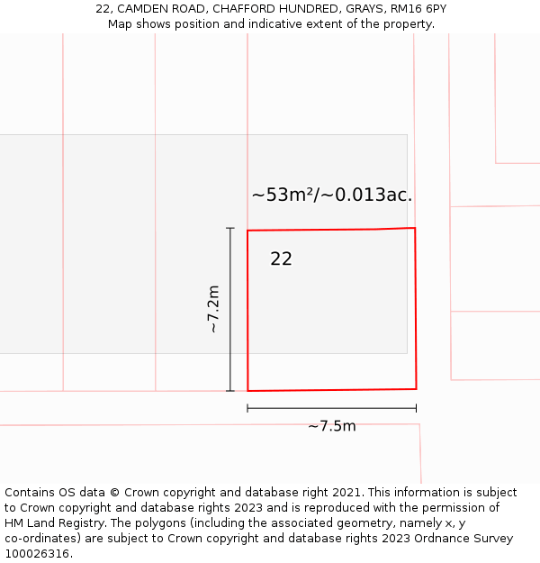 22, CAMDEN ROAD, CHAFFORD HUNDRED, GRAYS, RM16 6PY: Plot and title map