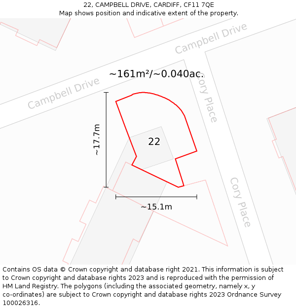 22, CAMPBELL DRIVE, CARDIFF, CF11 7QE: Plot and title map