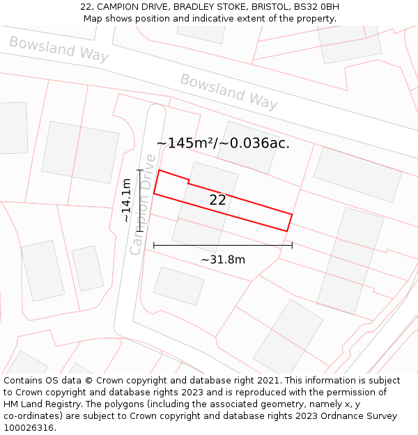 22, CAMPION DRIVE, BRADLEY STOKE, BRISTOL, BS32 0BH: Plot and title map