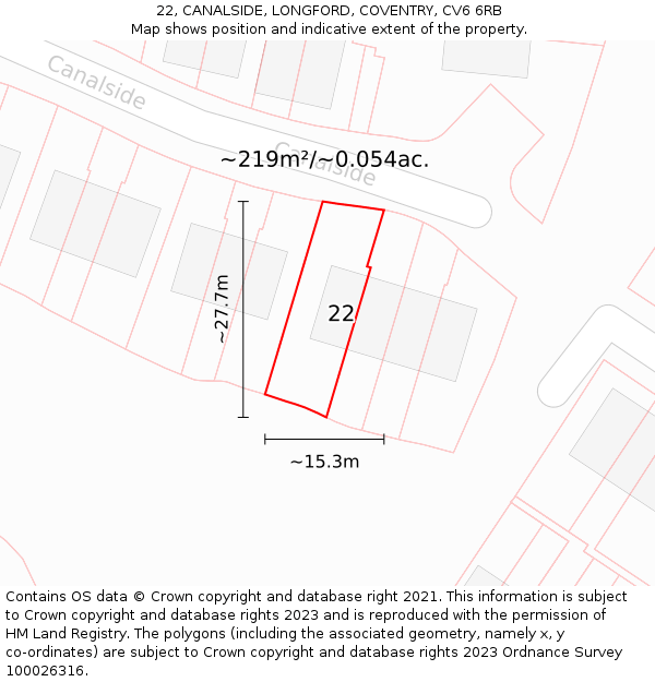 22, CANALSIDE, LONGFORD, COVENTRY, CV6 6RB: Plot and title map