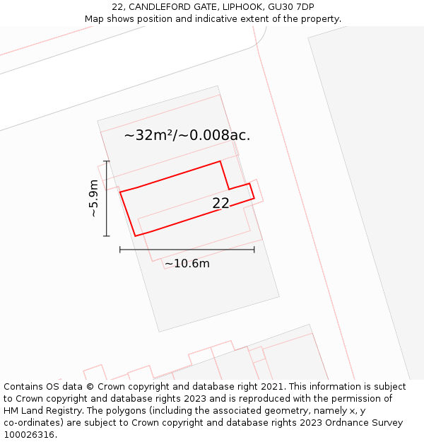 22, CANDLEFORD GATE, LIPHOOK, GU30 7DP: Plot and title map