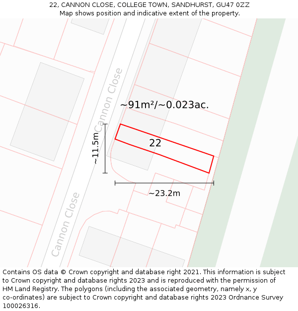 22, CANNON CLOSE, COLLEGE TOWN, SANDHURST, GU47 0ZZ: Plot and title map
