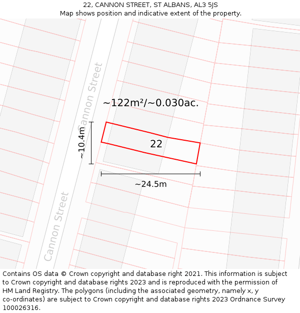 22, CANNON STREET, ST ALBANS, AL3 5JS: Plot and title map