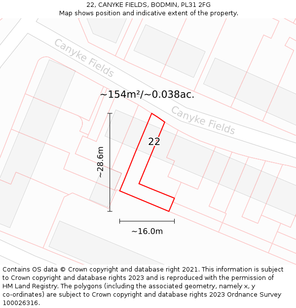 22, CANYKE FIELDS, BODMIN, PL31 2FG: Plot and title map