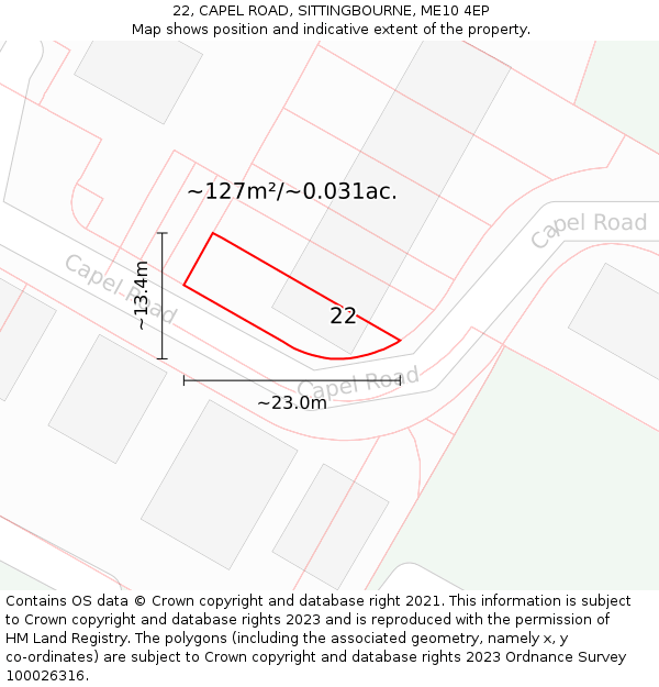 22, CAPEL ROAD, SITTINGBOURNE, ME10 4EP: Plot and title map