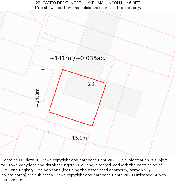 22, CAPITO DRIVE, NORTH HYKEHAM, LINCOLN, LN6 9FZ: Plot and title map