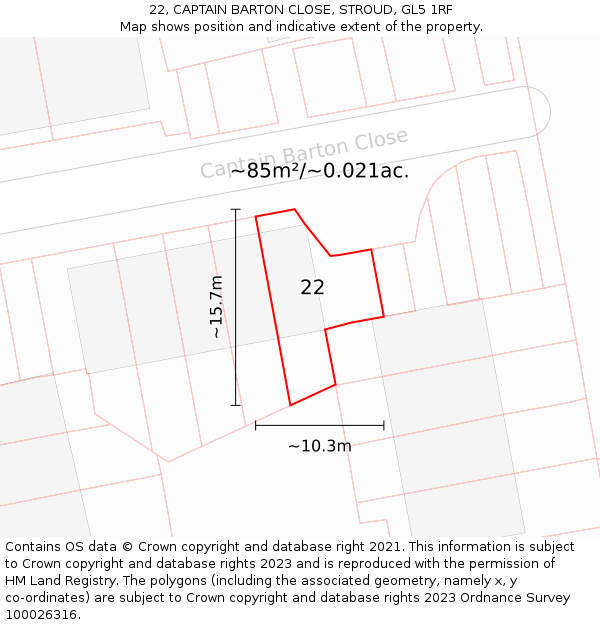 22, CAPTAIN BARTON CLOSE, STROUD, GL5 1RF: Plot and title map