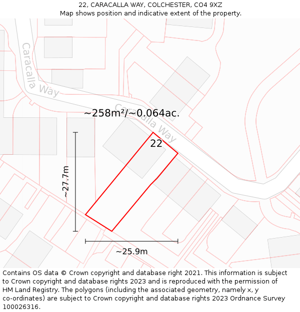 22, CARACALLA WAY, COLCHESTER, CO4 9XZ: Plot and title map