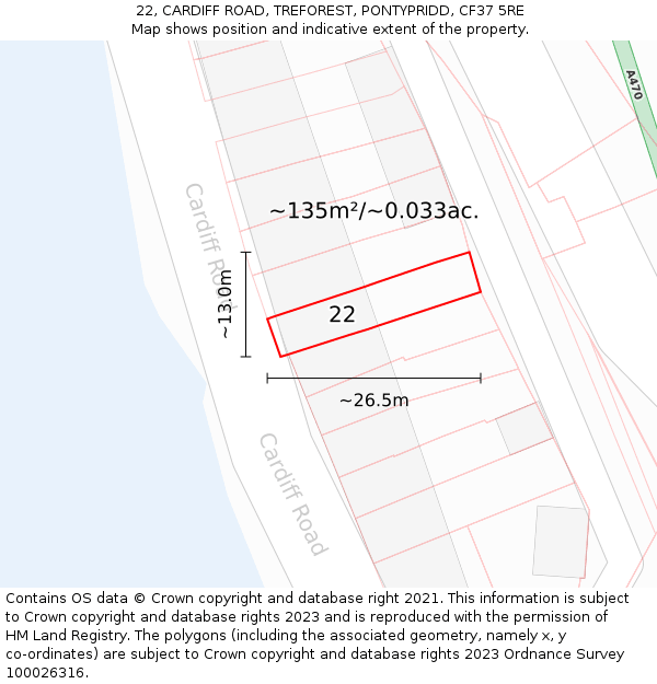 22, CARDIFF ROAD, TREFOREST, PONTYPRIDD, CF37 5RE: Plot and title map
