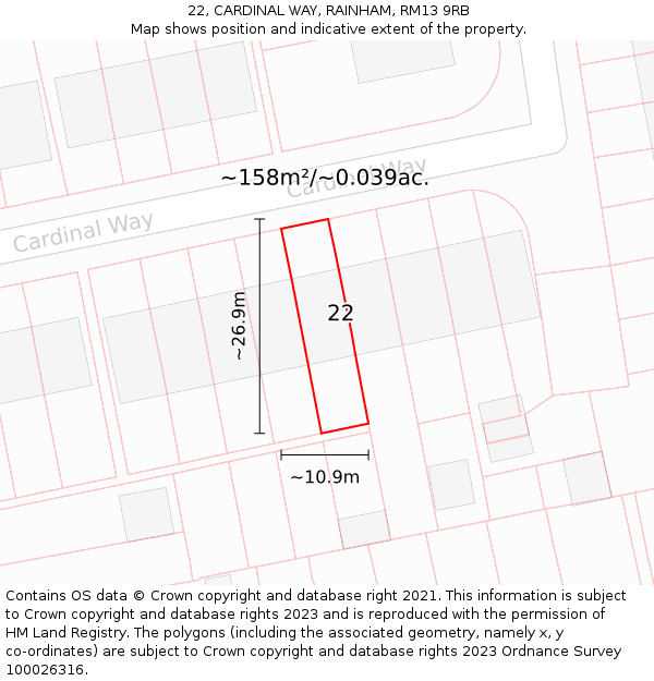 22, CARDINAL WAY, RAINHAM, RM13 9RB: Plot and title map