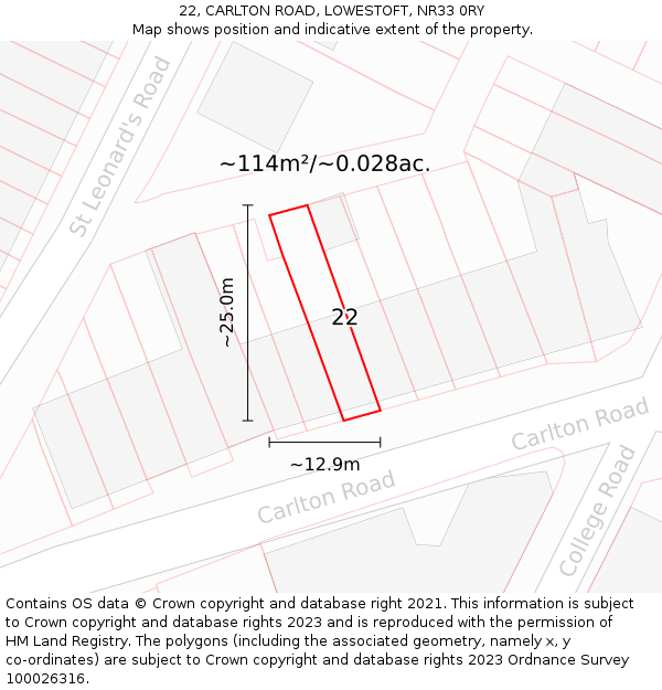 22, CARLTON ROAD, LOWESTOFT, NR33 0RY: Plot and title map