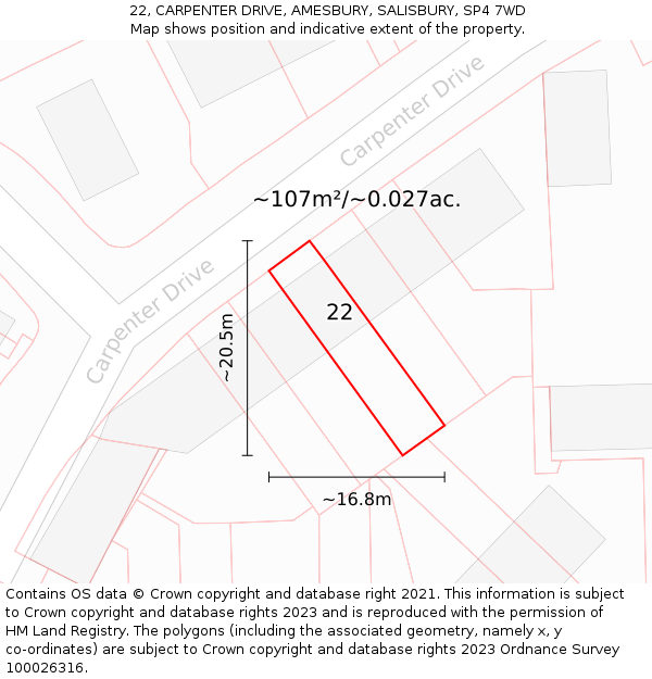 22, CARPENTER DRIVE, AMESBURY, SALISBURY, SP4 7WD: Plot and title map