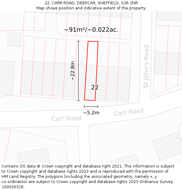 22, CARR ROAD, DEEPCAR, SHEFFIELD, S36 2NR: Plot and title map