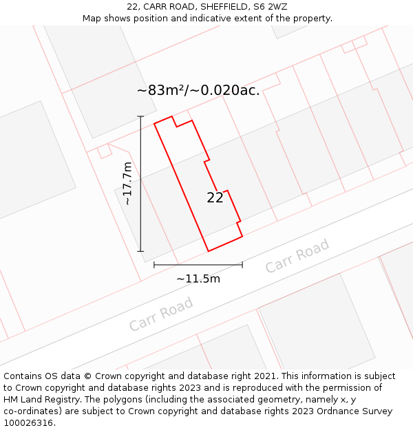 22, CARR ROAD, SHEFFIELD, S6 2WZ: Plot and title map