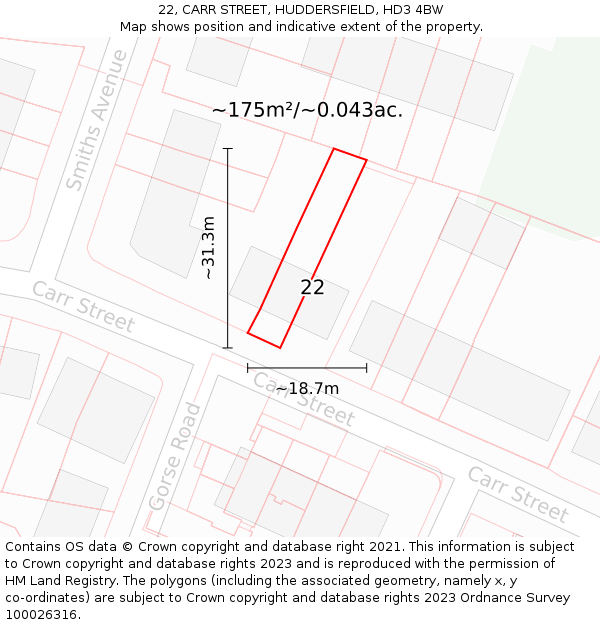 22, CARR STREET, HUDDERSFIELD, HD3 4BW: Plot and title map