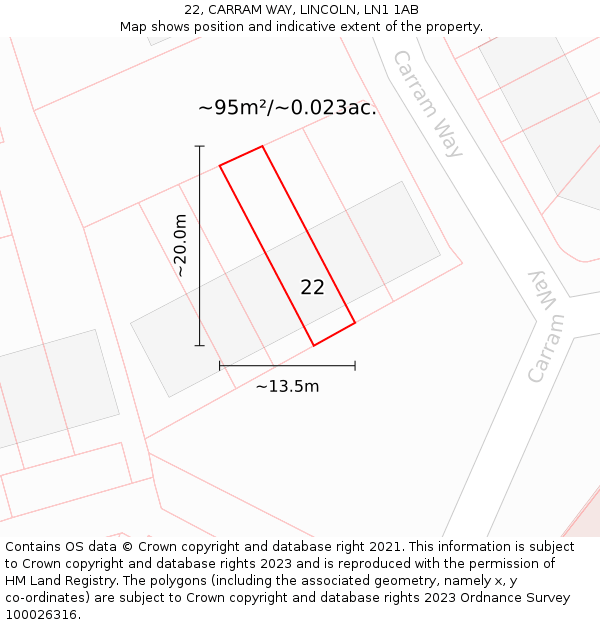 22, CARRAM WAY, LINCOLN, LN1 1AB: Plot and title map