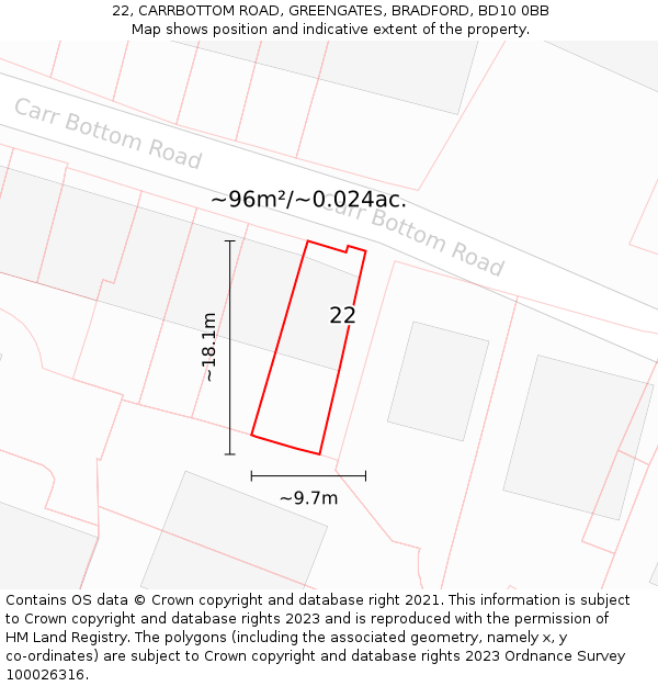 22, CARRBOTTOM ROAD, GREENGATES, BRADFORD, BD10 0BB: Plot and title map