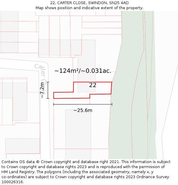 22, CARTER CLOSE, SWINDON, SN25 4AD: Plot and title map
