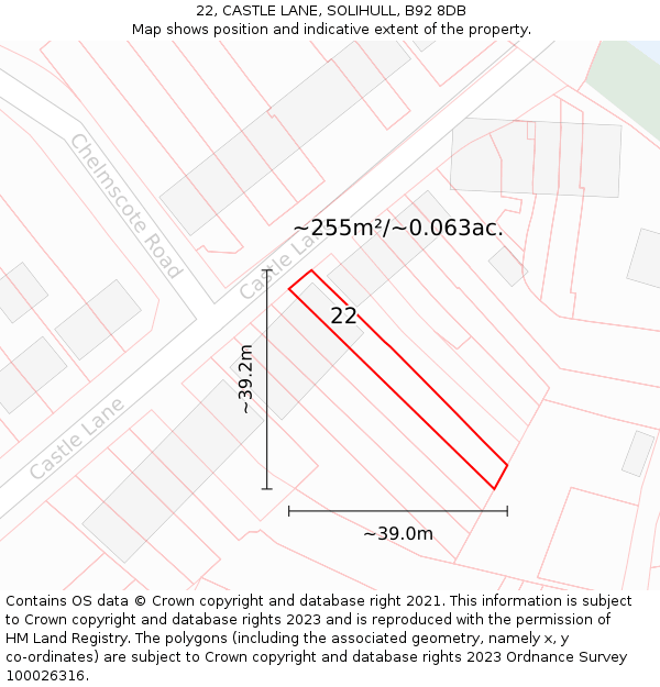 22, CASTLE LANE, SOLIHULL, B92 8DB: Plot and title map
