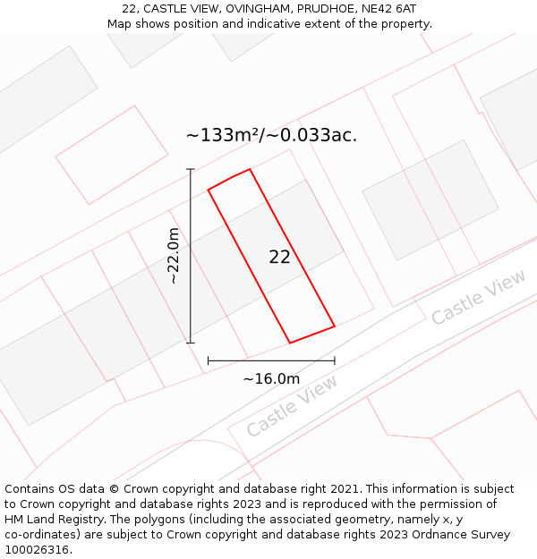 22, CASTLE VIEW, OVINGHAM, PRUDHOE, NE42 6AT: Plot and title map