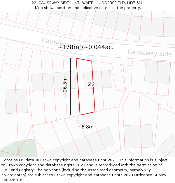 22, CAUSEWAY SIDE, LINTHWAITE, HUDDERSFIELD, HD7 5NL: Plot and title map