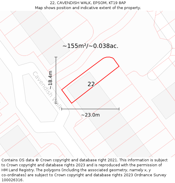 22, CAVENDISH WALK, EPSOM, KT19 8AP: Plot and title map